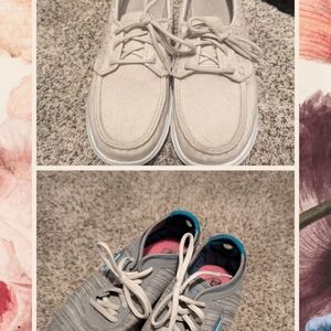 Bundle 6 1/2 Sketchers Sneakers-Casual Canvas Shoes- Cream & Lace, & Gray & Blue